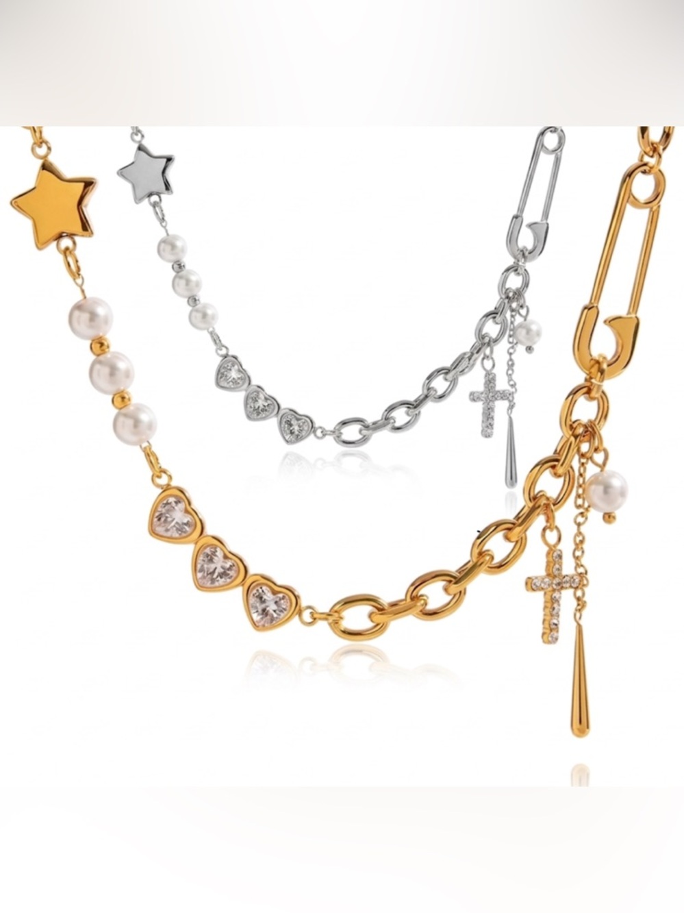 Hearts and Cross Charm Link Chain Necklace Stainless Steel
